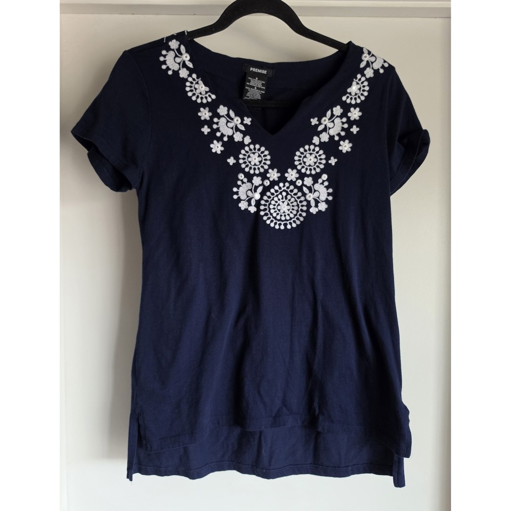 Premise Women S Navy Floral Embroidery V-Neck Cotton T-Shirt Boho Casual Top